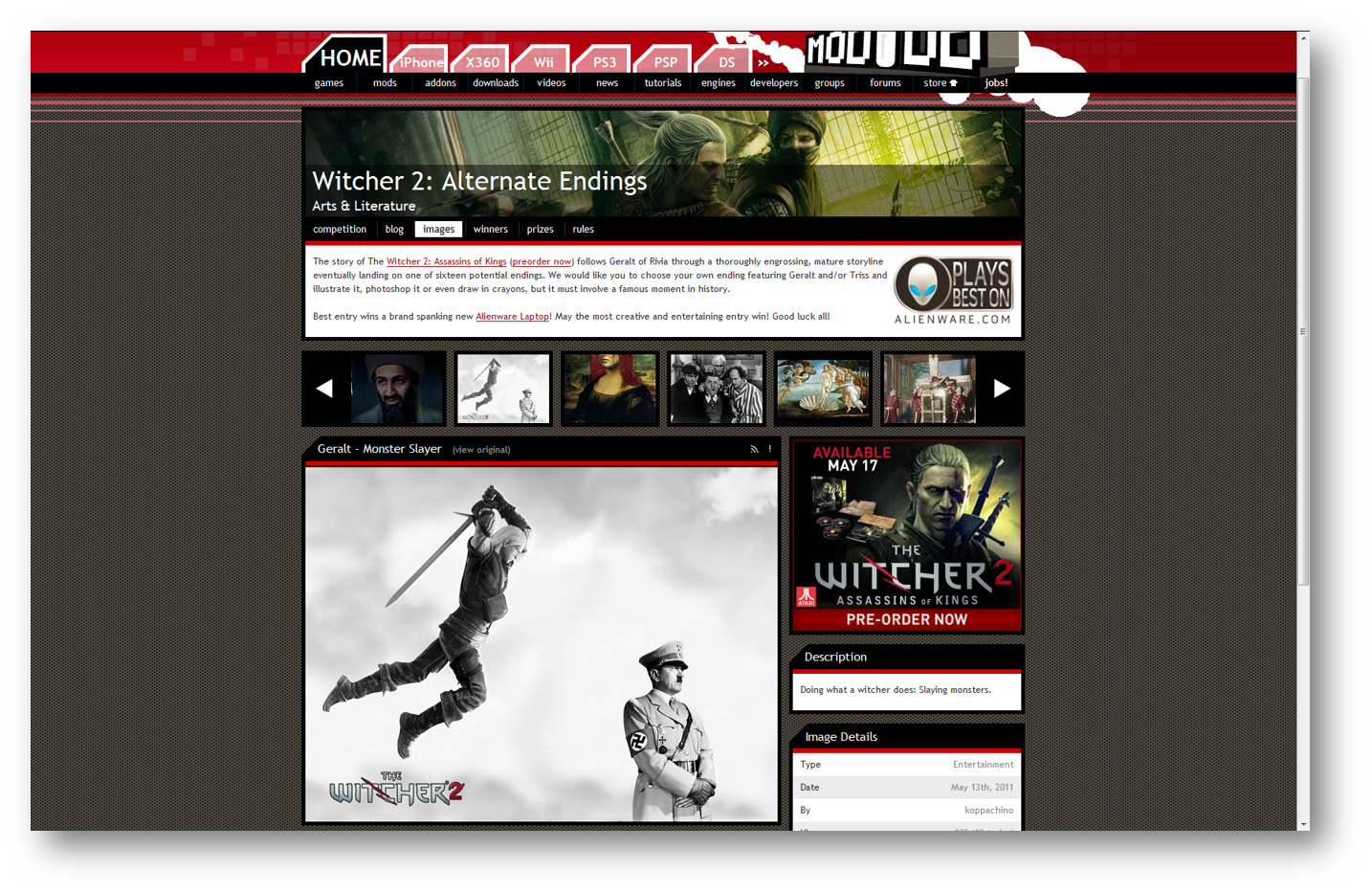 ModDB Witcher 2 contest page with submissions