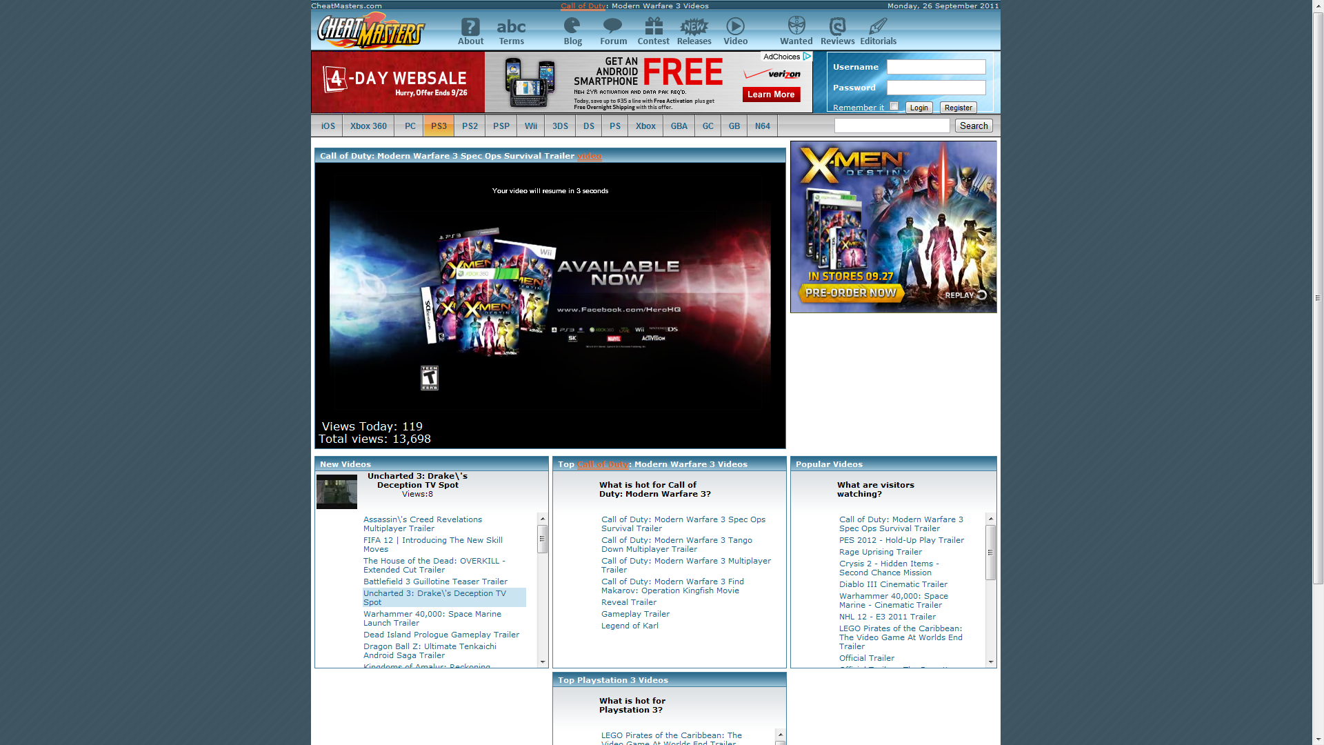 Cheatmasters site with X-Men preroll and companion ad units